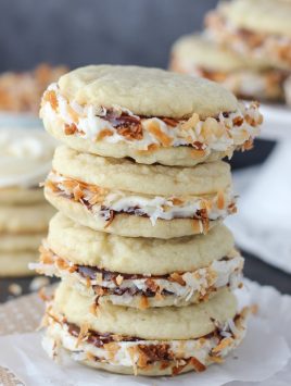 Samoa cookies will never be the same after you've hand one of these Samoa Cookie Sandwiches.