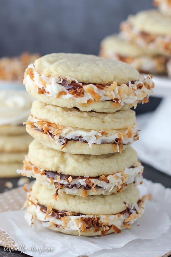 Samoa cookies will never be the same after you've hand one of these Samoa Cookie Sandwiches.
