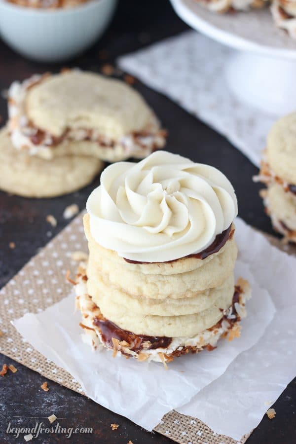 Samoa cookies will never be the same after you've hand one of these Samoa Cookie Sandwiches.