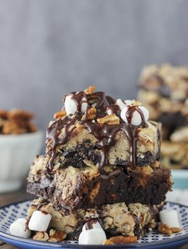 These Gooey Mississippi Mud Pie Brookies are layers of fudge chocolate brownie and chocolate chip cookies mixed with pecans and mini marshmallows.