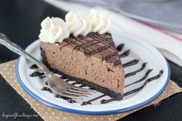 Gooey No-Bake Brownie Batter Cheesecake. A dense Oreo crust filled with a no-bake chocolate cheesecake made with brownie mix and topped with a brownie batter glaze.