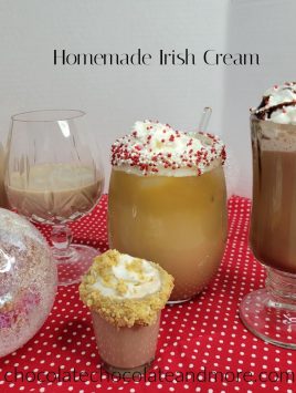 Several drinks made with homemade Irish Cream on a red polka dot cloth