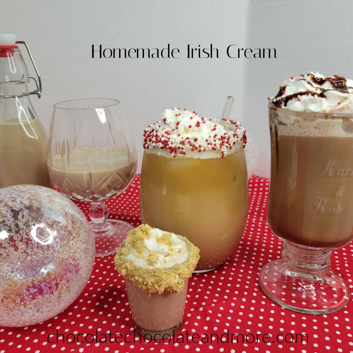 Several drinks made with homemade Irish Cream on a red polka dot cloth