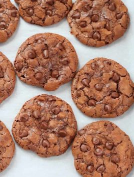 several chocolate chocolate chip cookies on a tray