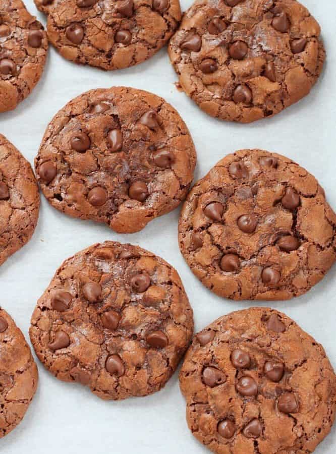 several chocolate chocolate chip cookies on a tray