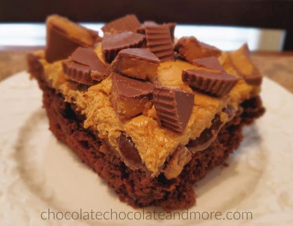 Triple Frosted Peanut Butter Cup Sheet Cake A slice of chocolate cake that is dripping with chocolate and peanut butter frosting and covered in cut up peanut butter cups.