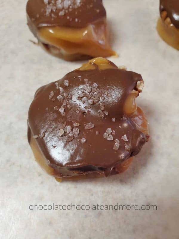 caramel candy covered with chocolate and sea salt