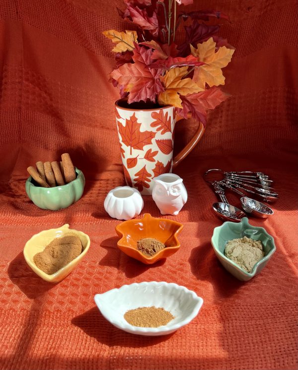 The ingredients put in separate bowls shaped like leaves with a pumpkin shaped bowl filled with cinnamon sticks, a white ceramic pumpkin and owl, a set of teaspoons and tablespoons, and a fall decorated mug holding fall colored leaves.