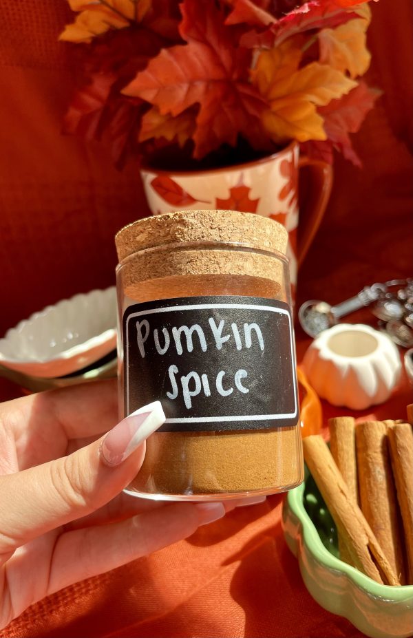 Finished jar of pumpkin spice with a pretty label on it.