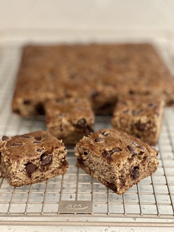 Chocolate Chip Banana Bread Cake on a cooling rack