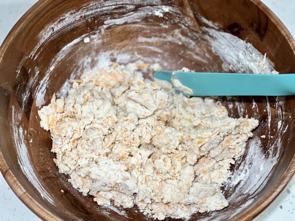 Fluffy Cheddar Butter Biscuits dough in the mixing bowl