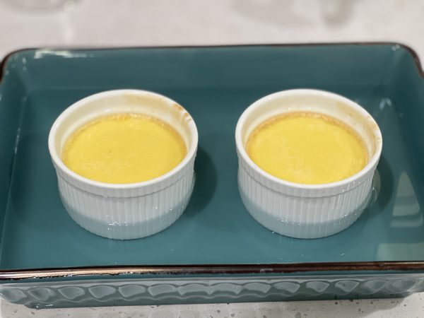 ramekins in hot water bath after baking