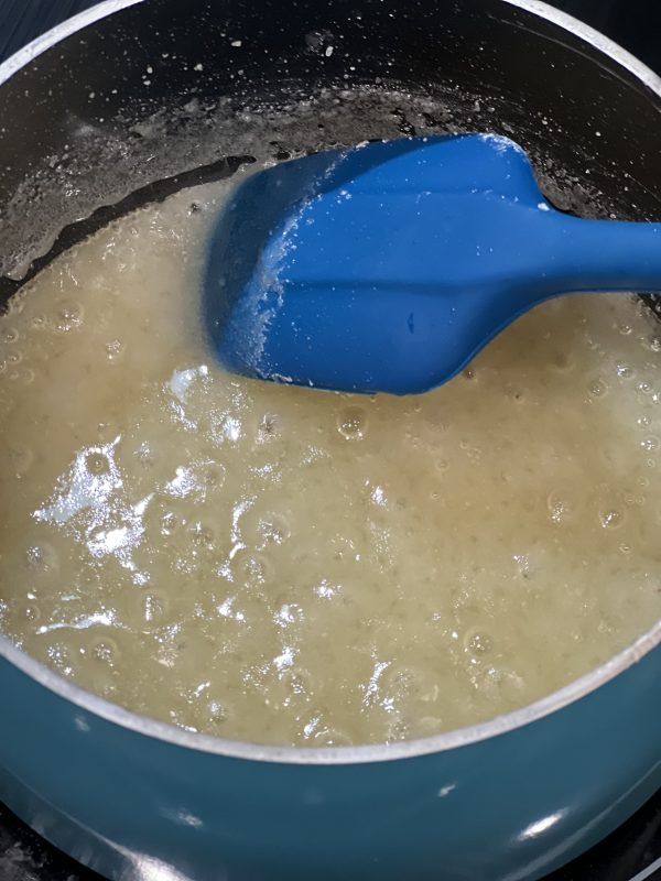 sugar shell mixture in saucepan