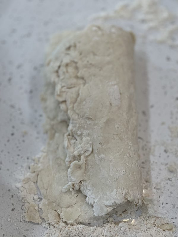 Chocolate Gravy Covered Buttermilk Biscuits dough folded hot dog style