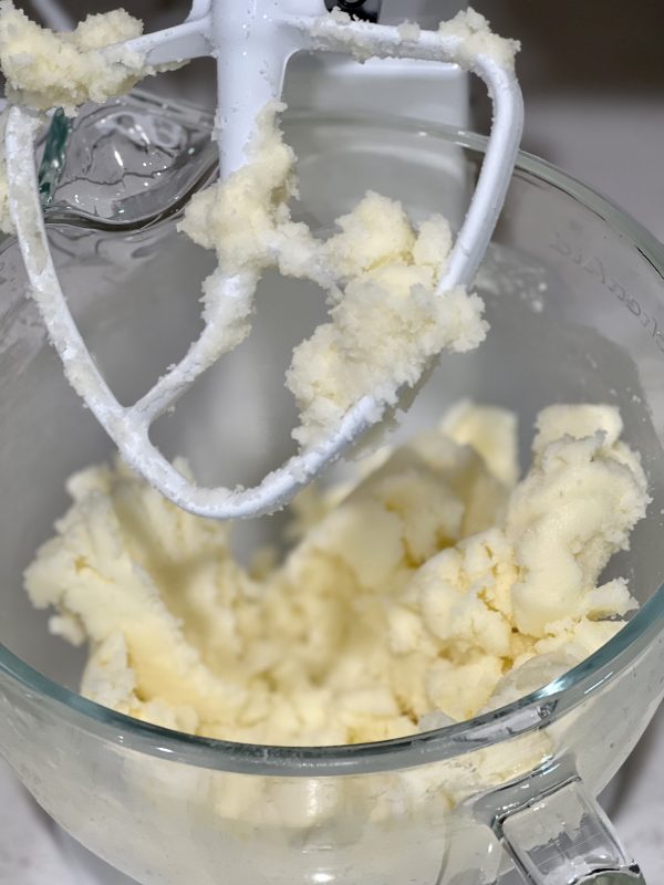 Butter and sugar creamed together in a stand mixer.