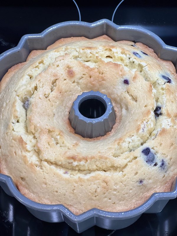 Lemon Blueberry Pound Cake in the bundt pan