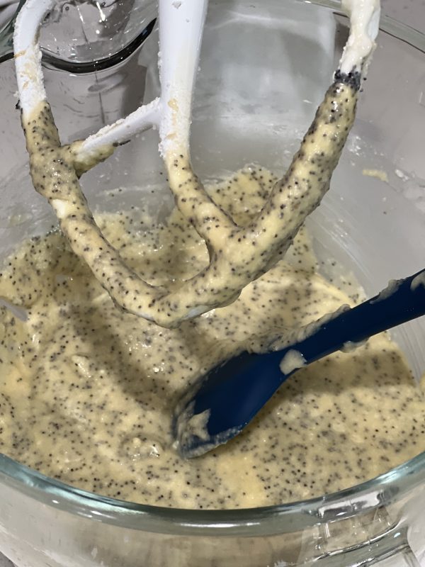 Lemon Poppyseed Cupcakes batter in a stand mixer