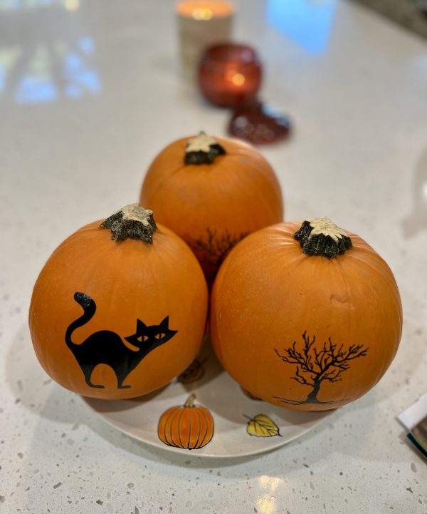 3 Pumpkins sitting on a pumpkin plate on a counter.