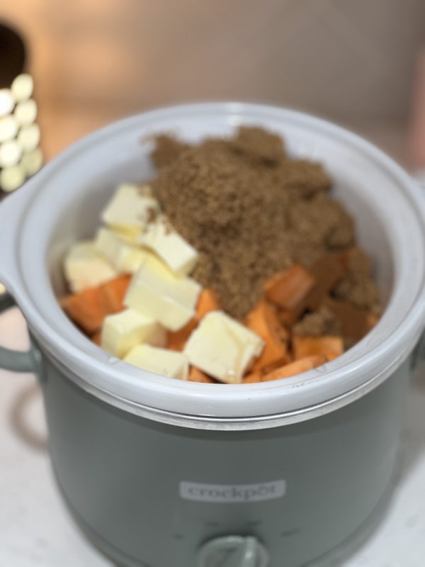 Crock Pot Sweet Potato Casserole ingredients in the crockpot before cooking
