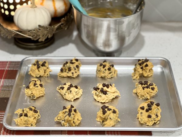 Soft Pumpkin Chocolate Chip Cookies on a cookie sheet before baking