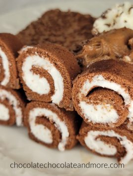 sliced chocolate swiss rolls outline a chocolate mousse cake