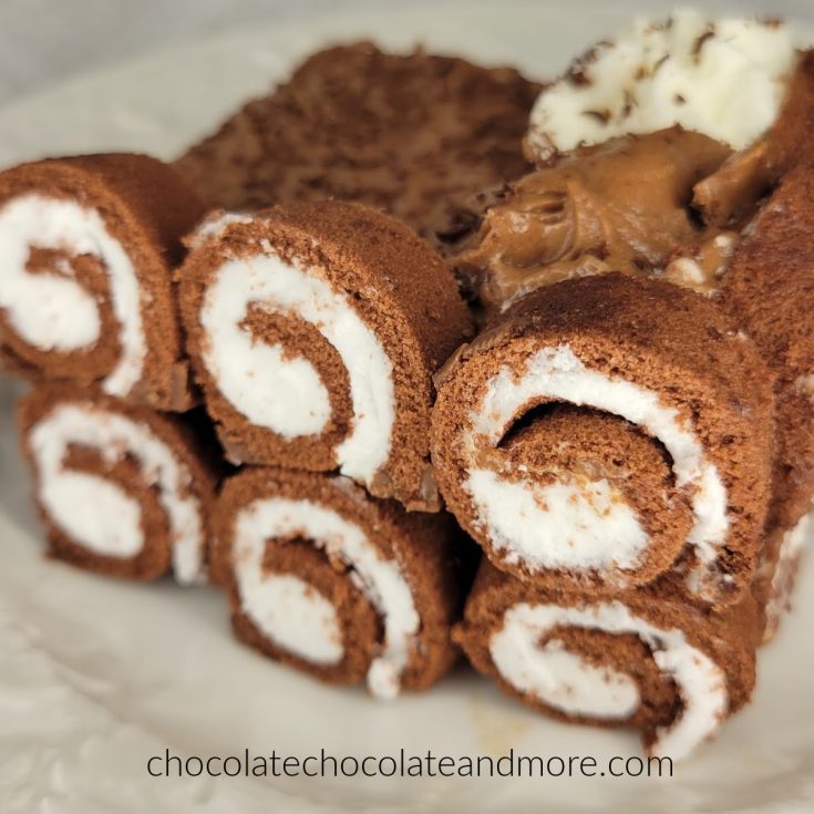 sliced chocolate swiss rolls outline a chocolate mousse cake