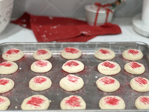 Classic Shortbread Cookies after baking on a cookie sheet