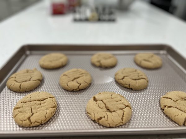 cookie butter cookies on a cookie sheet after coming out of the oven