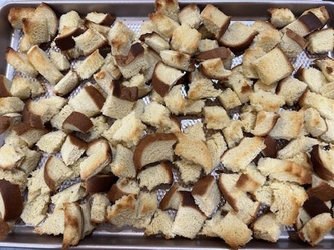  toasted brioche bread on a cookie tray
