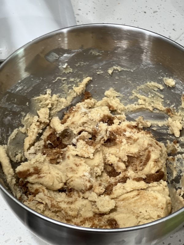 the dough and filling swirled together in the mixing bowl