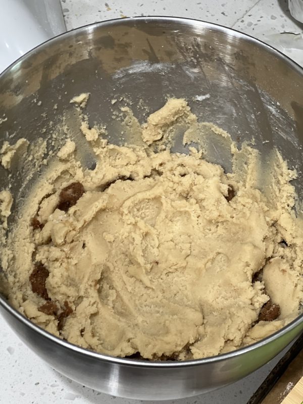 the dough and filling layered in the bowl.