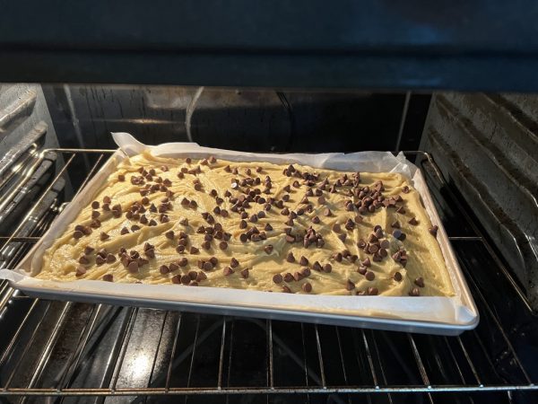 Sheet Pan Blondie Bars in the oven